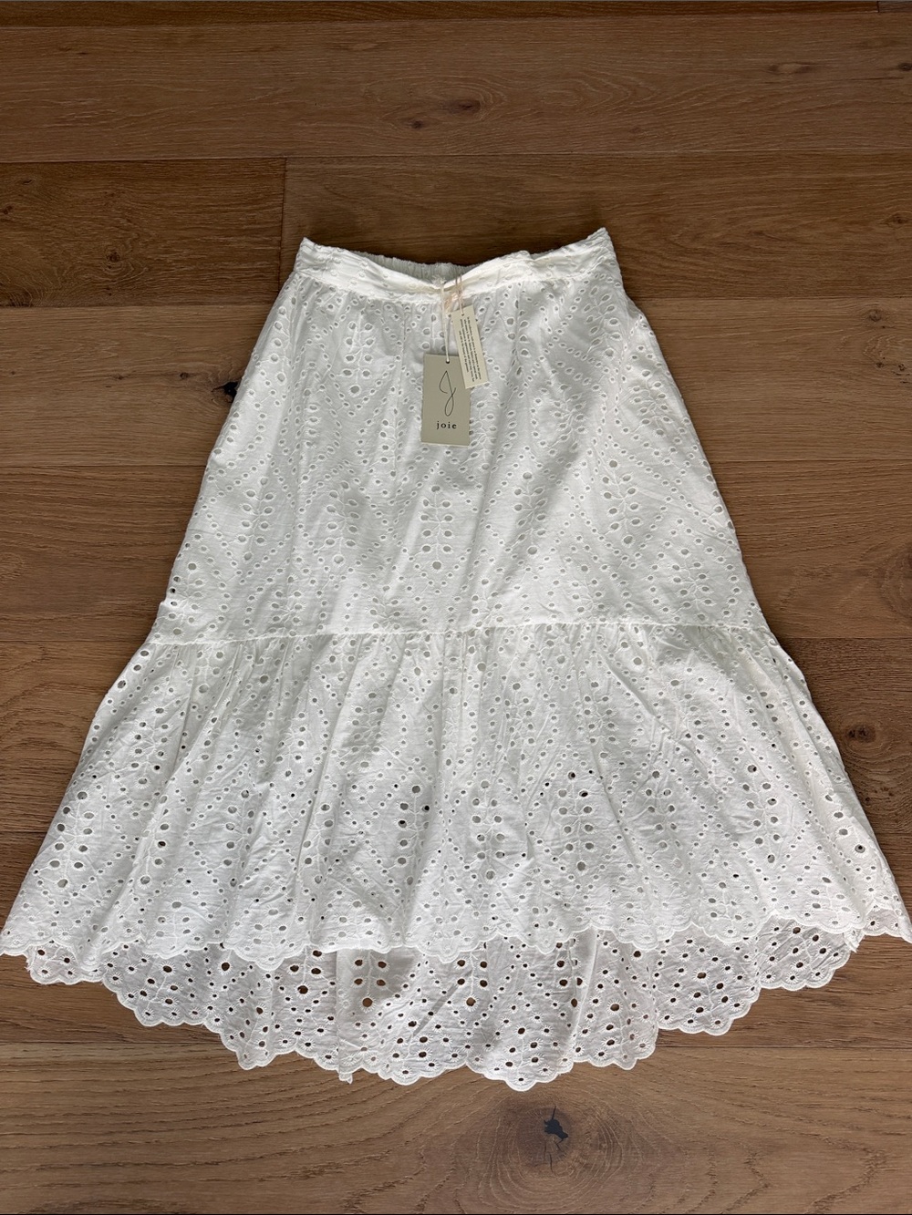 Joie White Eyelet Tiered Midi Skirt with Scalloped Hem